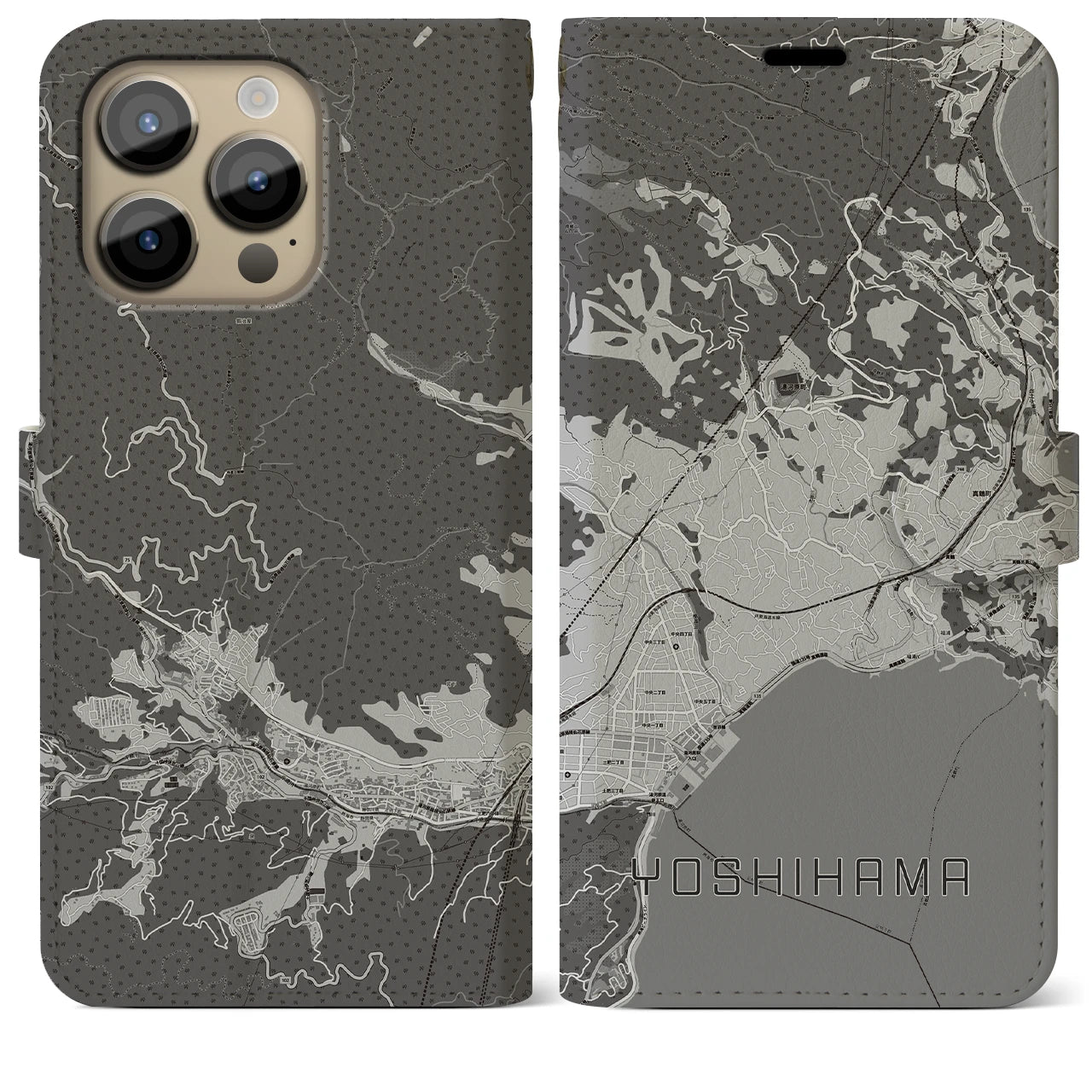 【吉浜(神奈川県)】地図柄iPhoneケース(手帳タイプ)モノトーン・iPhone 14 Pro Max 用