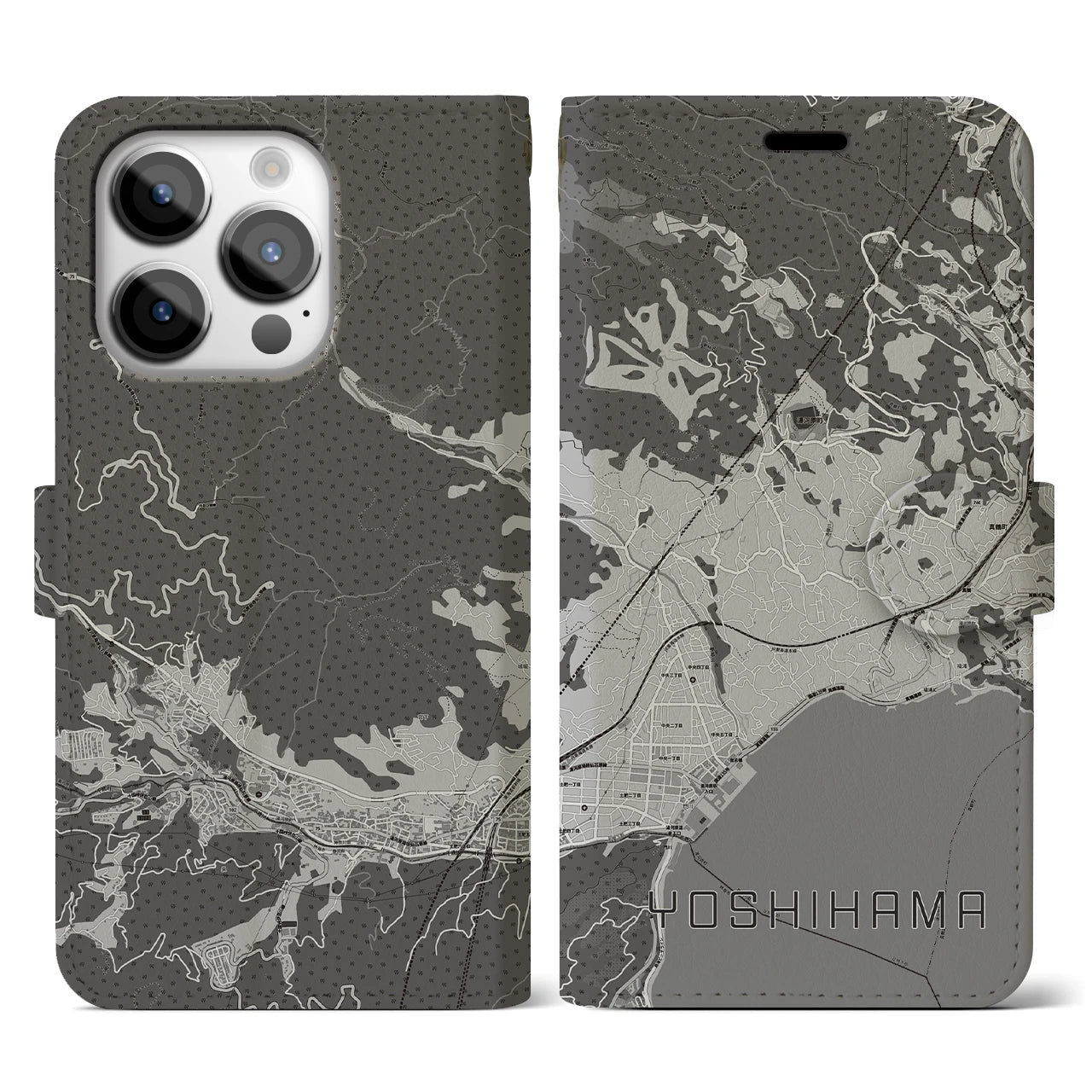 【吉浜(神奈川県)】地図柄iPhoneケース(手帳タイプ)モノトーン・iPhone 14 Pro 用
