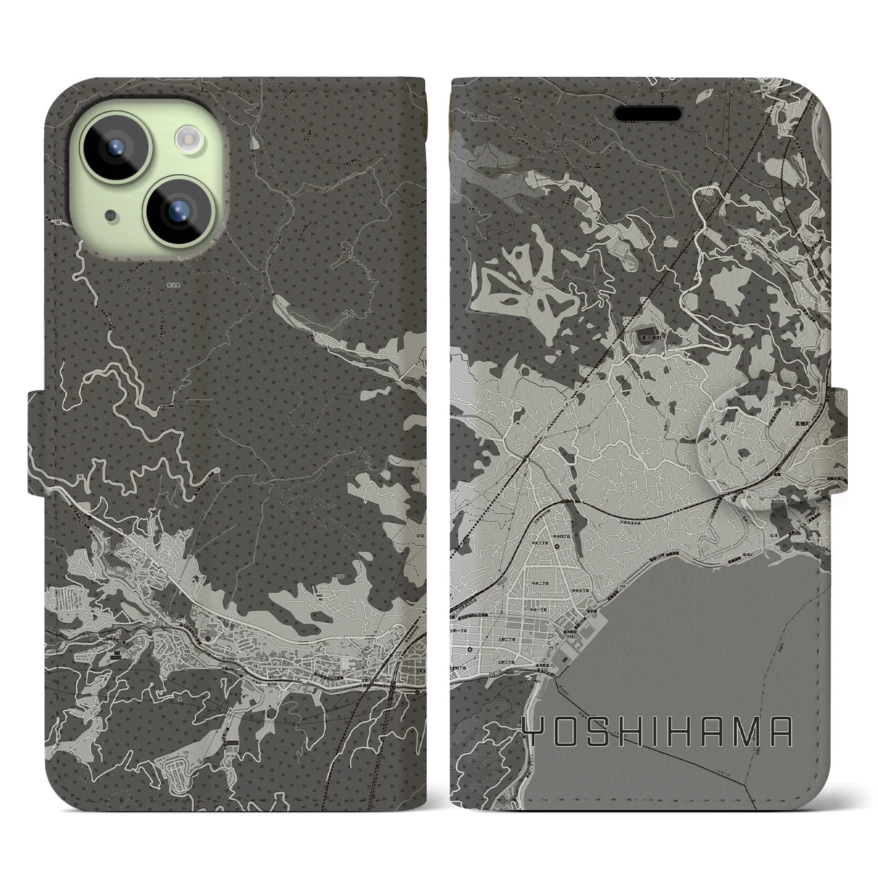 【吉浜(神奈川県)】地図柄iPhoneケース(手帳タイプ)モノトーン・iPhone 15 用