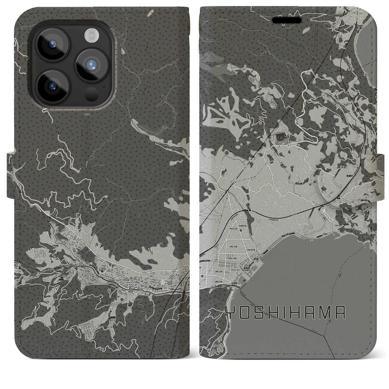 【吉浜(神奈川県)】地図柄iPhoneケース(手帳タイプ)モノトーン・iPhone 15 Pro Max 用