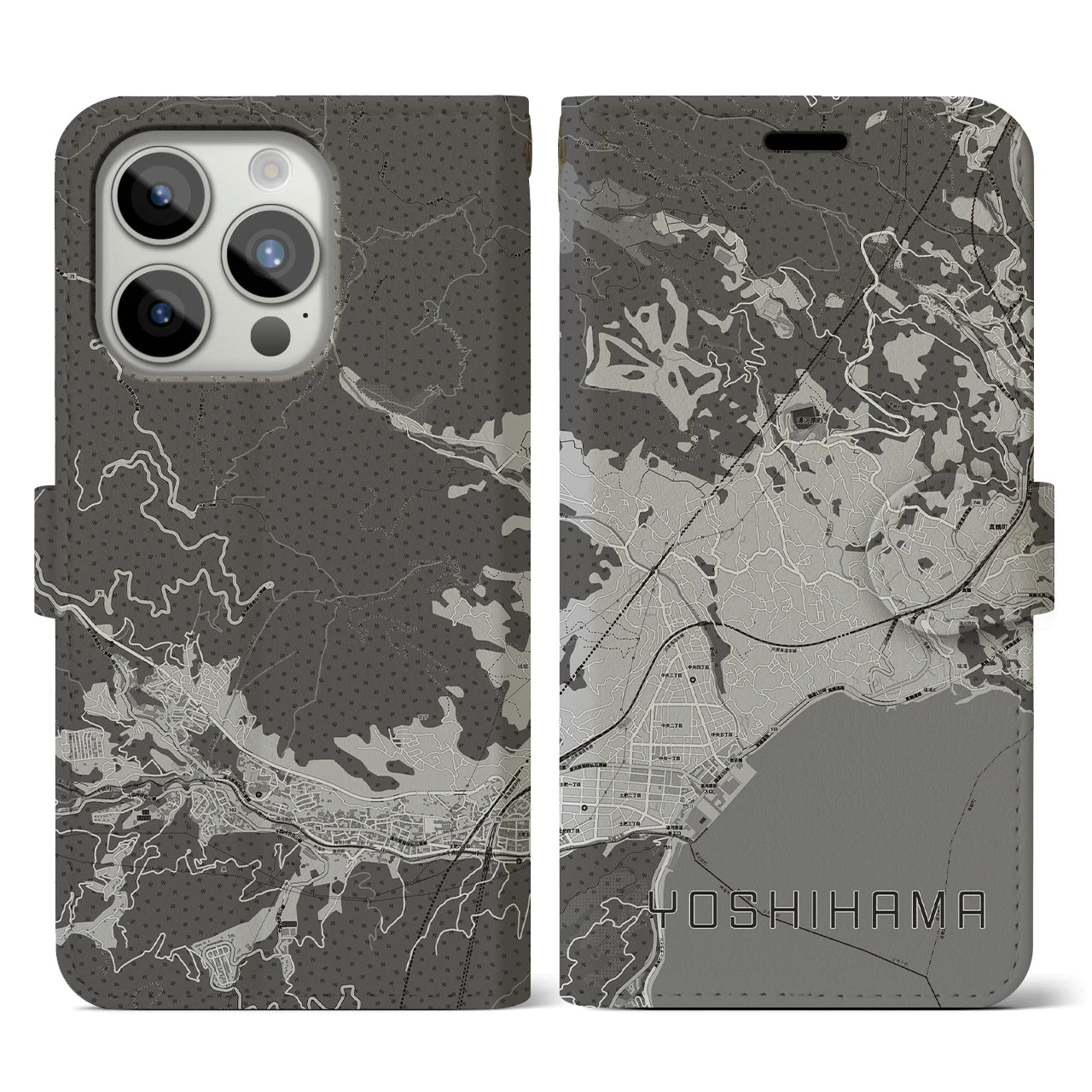 【吉浜(神奈川県)】地図柄iPhoneケース(手帳タイプ)モノトーン・iPhone 15 Pro 用