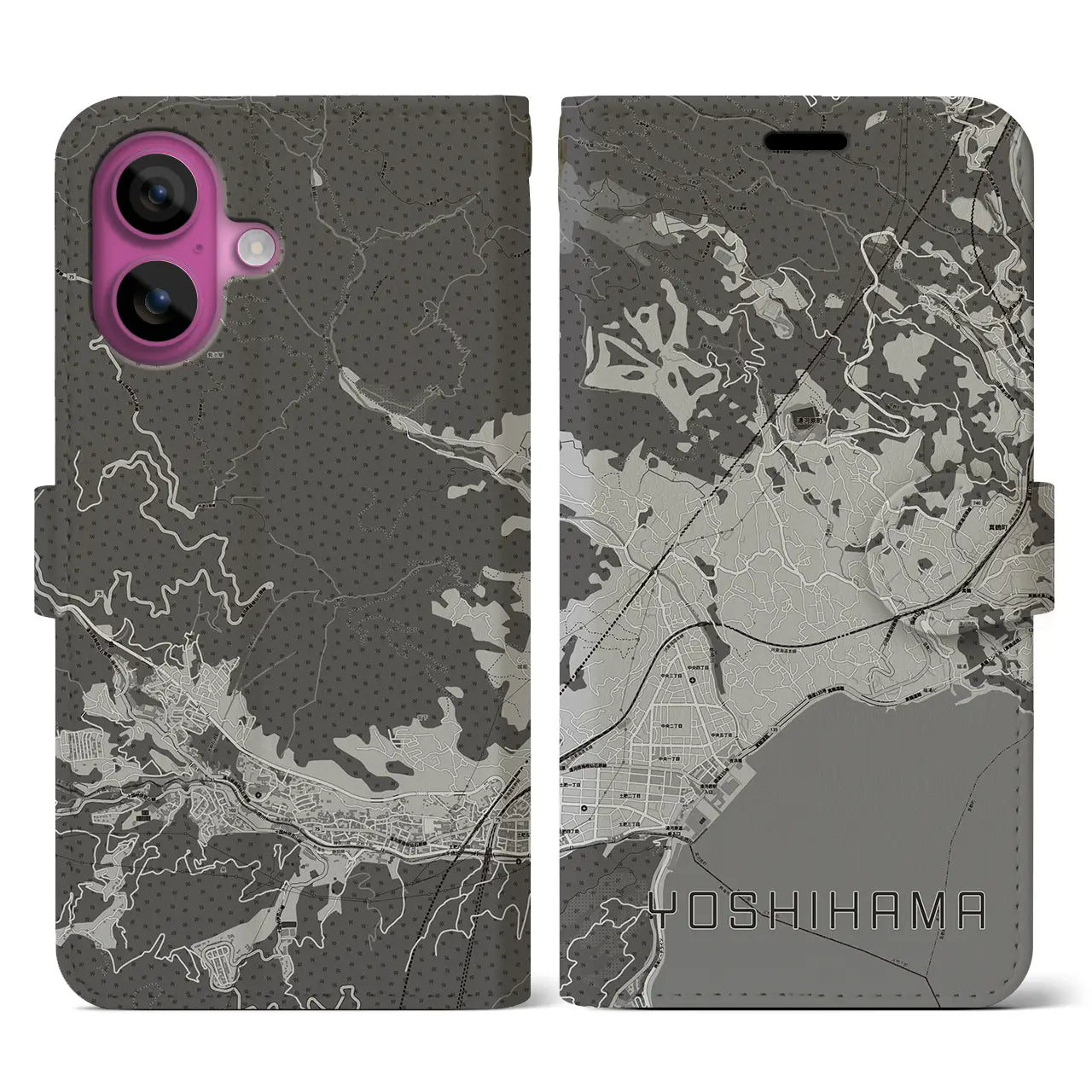 【吉浜(神奈川県)】地図柄iPhoneケース(手帳タイプ)モノトーン・iPhone 16 Pro 用