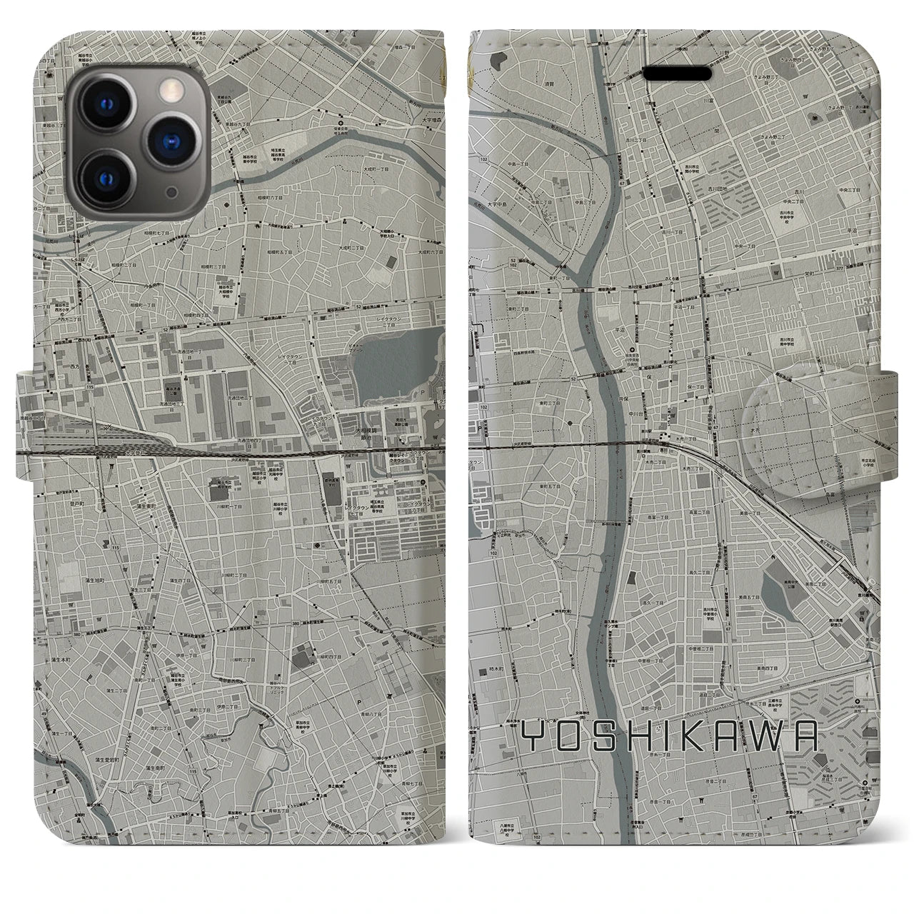 【吉川(埼玉県)】地図柄iPhoneケース(手帳タイプ)モノトーン・iPhone 11 Pro Max 用