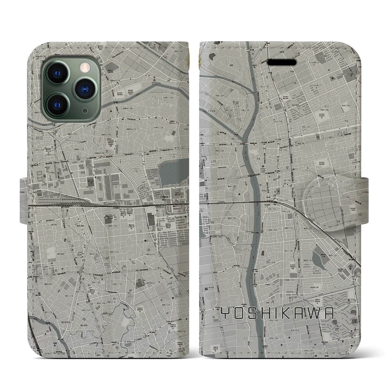 【吉川(埼玉県)】地図柄iPhoneケース(手帳タイプ)モノトーン・iPhone 11 Pro 用