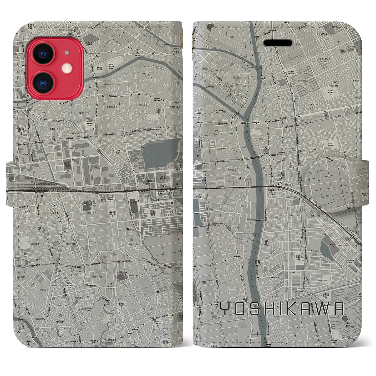 【吉川(埼玉県)】地図柄iPhoneケース(手帳タイプ)モノトーン・iPhone 11 用