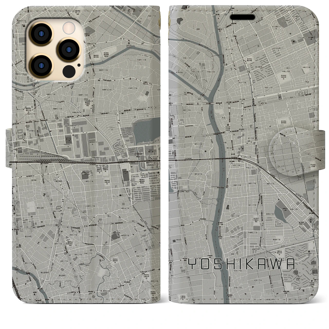 【吉川(埼玉県)】地図柄iPhoneケース(手帳タイプ)モノトーン・iPhone 12 Pro Max 用
