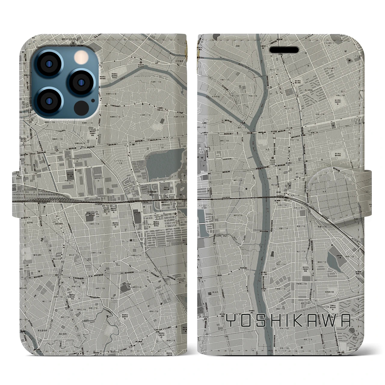 【吉川(埼玉県)】地図柄iPhoneケース(手帳タイプ)モノトーン・iPhone 12 / 12 Pro 用
