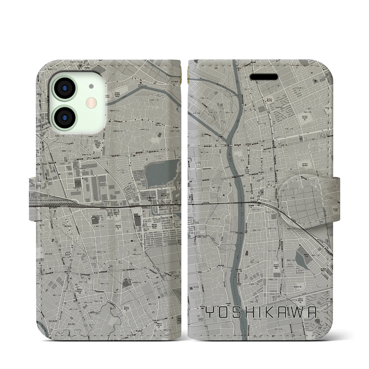 【吉川(埼玉県)】地図柄iPhoneケース(手帳タイプ)モノトーン・iPhone 12 mini 用