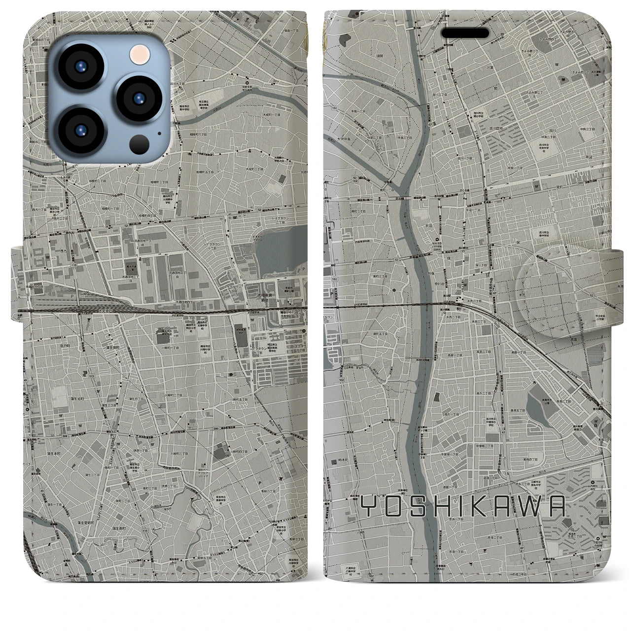 【吉川(埼玉県)】地図柄iPhoneケース(手帳タイプ)モノトーン・iPhone 13 Pro Max 用