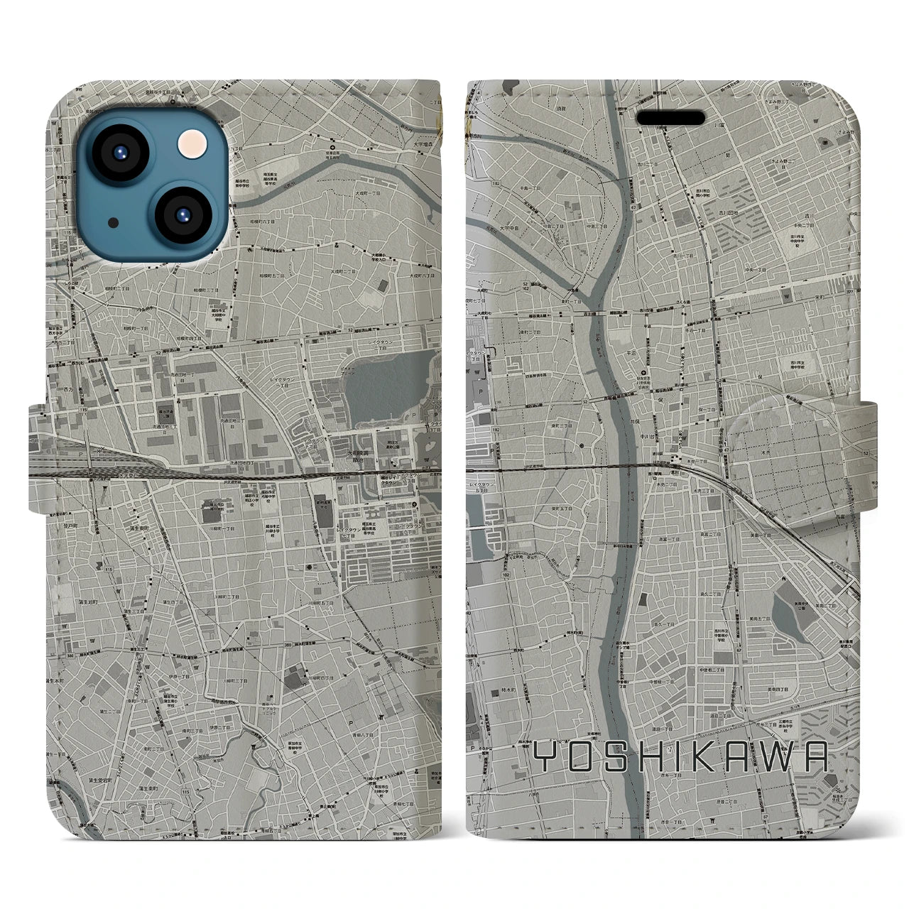 【吉川(埼玉県)】地図柄iPhoneケース(手帳タイプ)モノトーン・iPhone 13 用