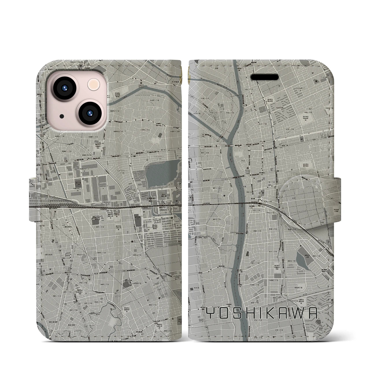 【吉川(埼玉県)】地図柄iPhoneケース(手帳タイプ)モノトーン・iPhone 13 mini 用