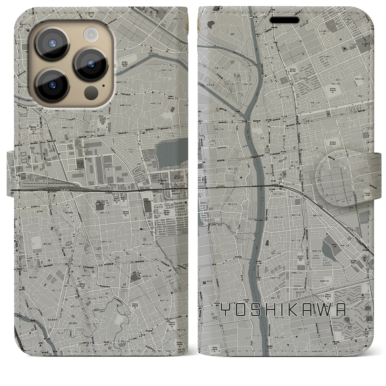 【吉川(埼玉県)】地図柄iPhoneケース(手帳タイプ)モノトーン・iPhone 14 Pro Max 用