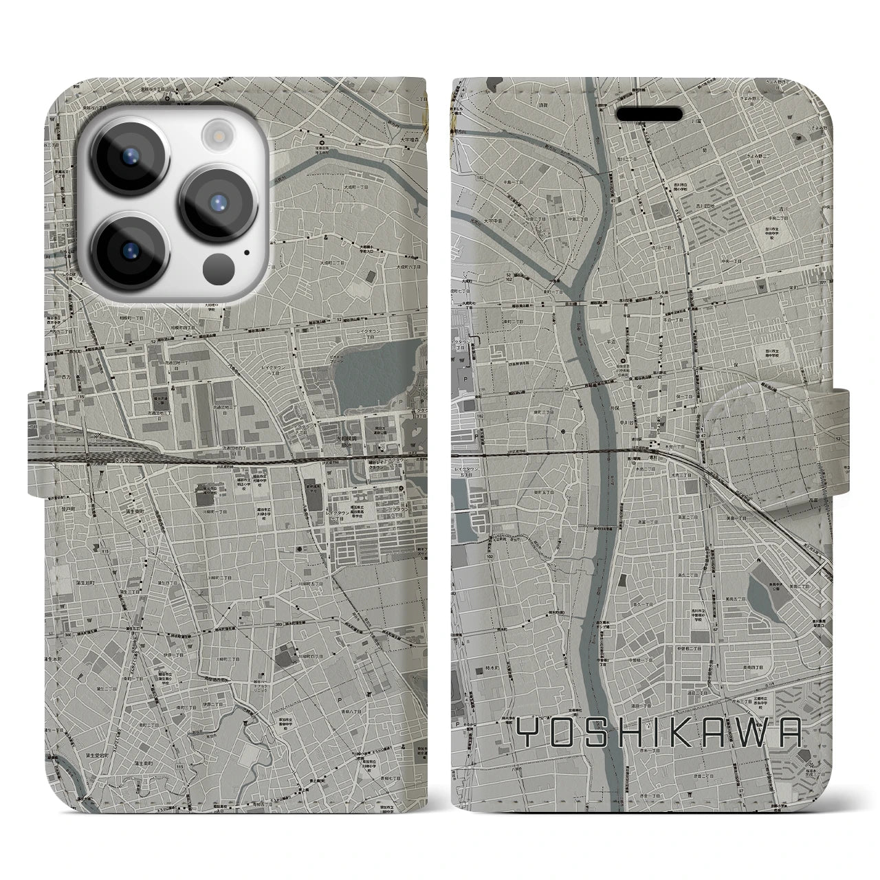【吉川(埼玉県)】地図柄iPhoneケース(手帳タイプ)モノトーン・iPhone 14 Pro 用