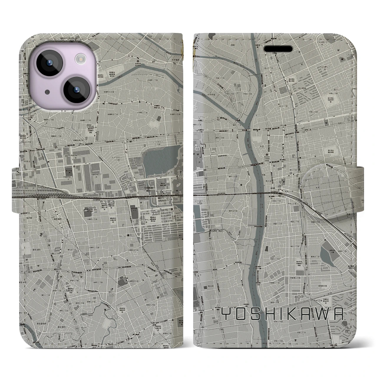 【吉川(埼玉県)】地図柄iPhoneケース(手帳タイプ)モノトーン・iPhone 14 用