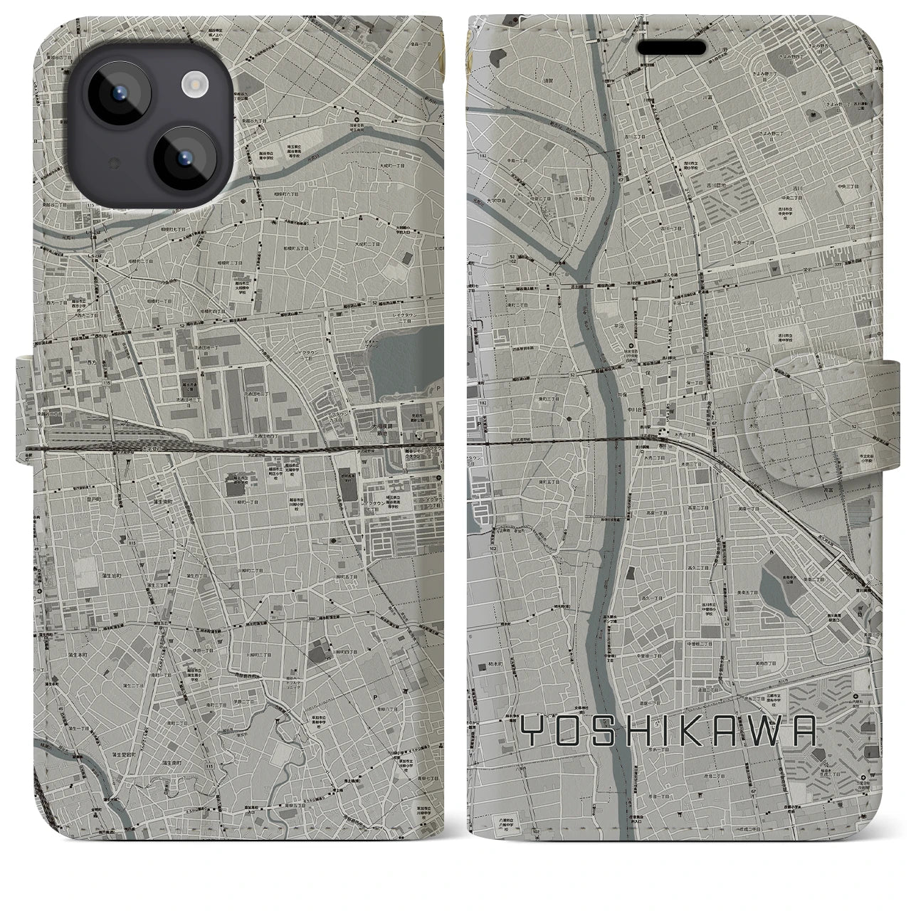 【吉川(埼玉県)】地図柄iPhoneケース(手帳タイプ)モノトーン・iPhone 14 Plus 用