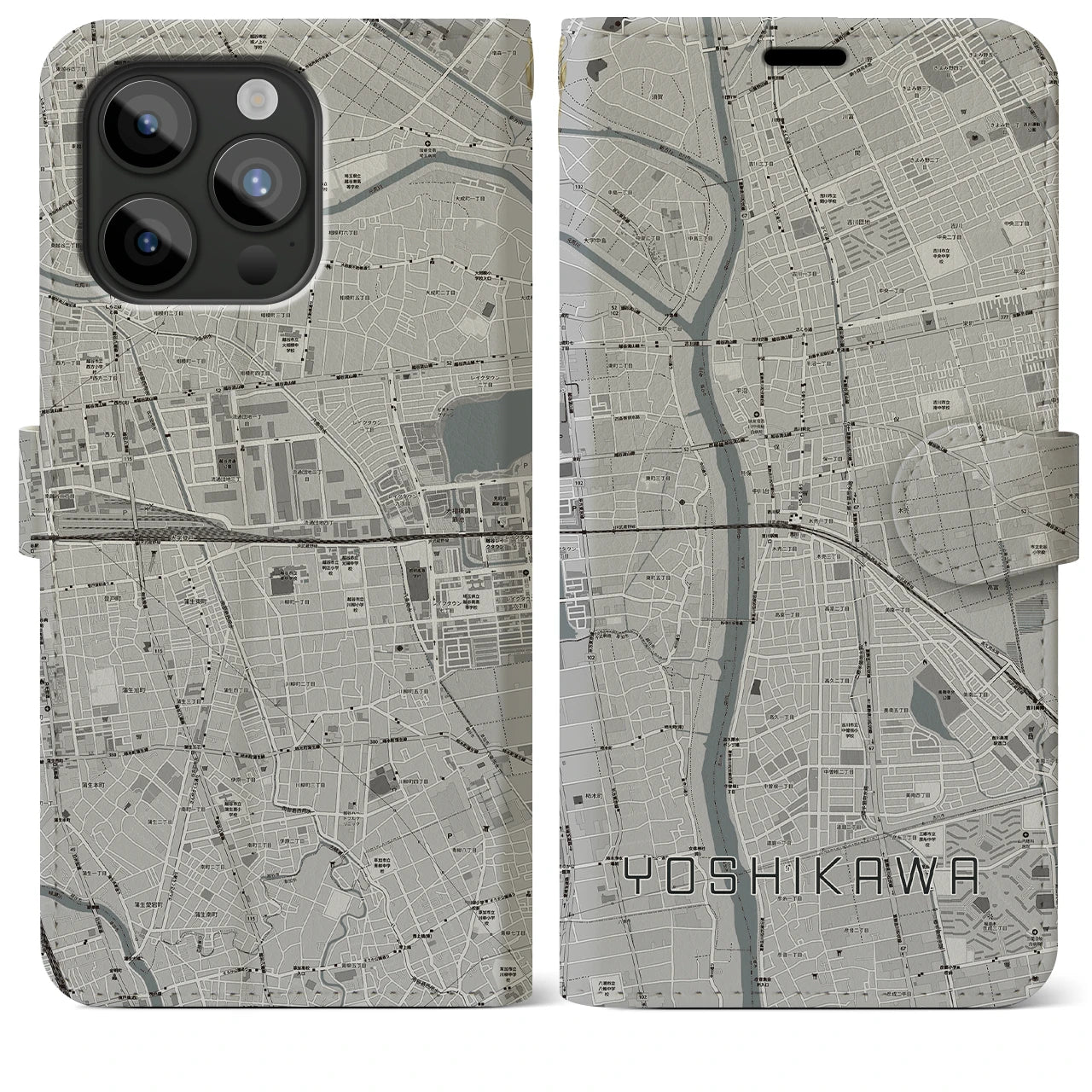 【吉川(埼玉県)】地図柄iPhoneケース(手帳タイプ)モノトーン・iPhone 15 Pro Max 用