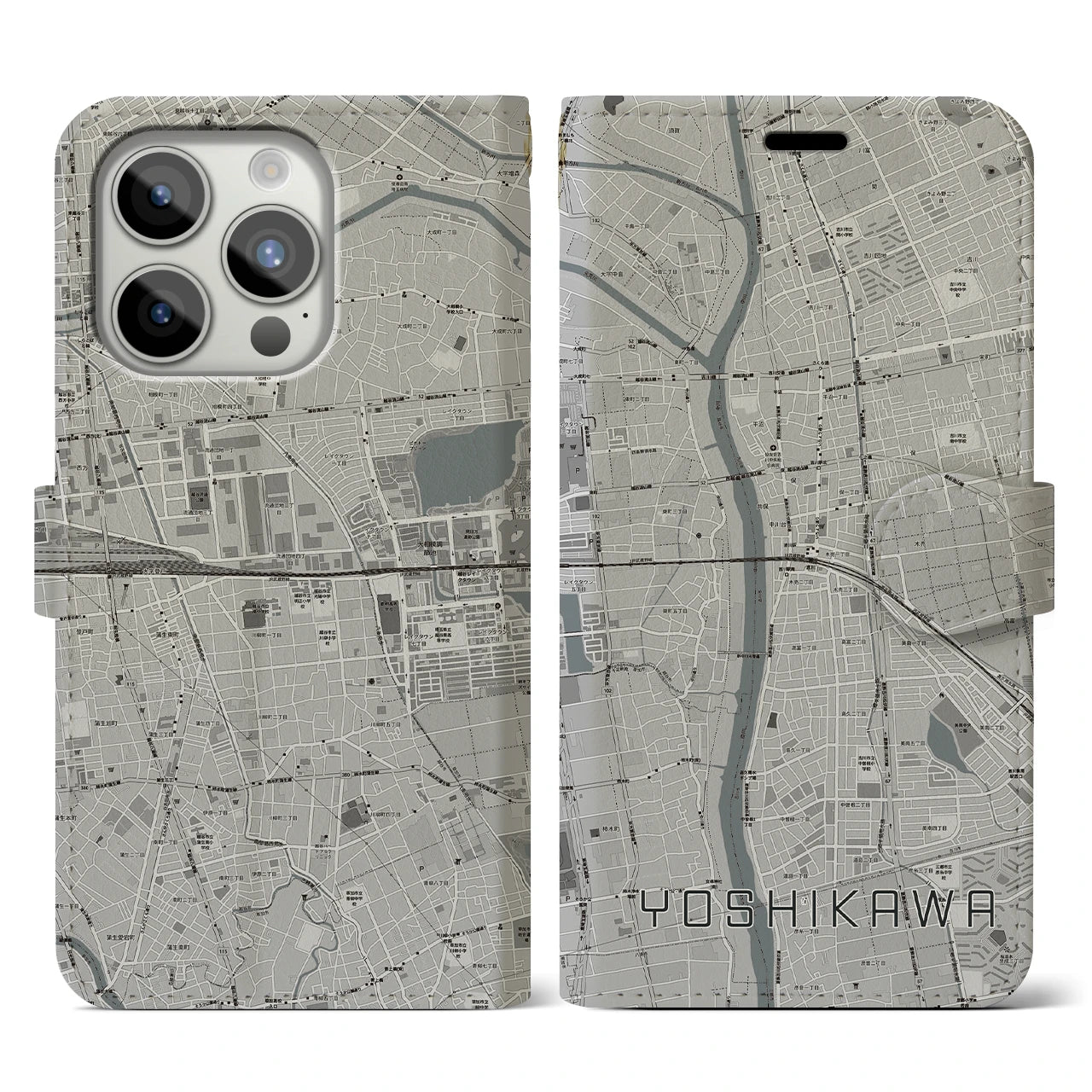 【吉川(埼玉県)】地図柄iPhoneケース(手帳タイプ)モノトーン・iPhone 15 Pro 用