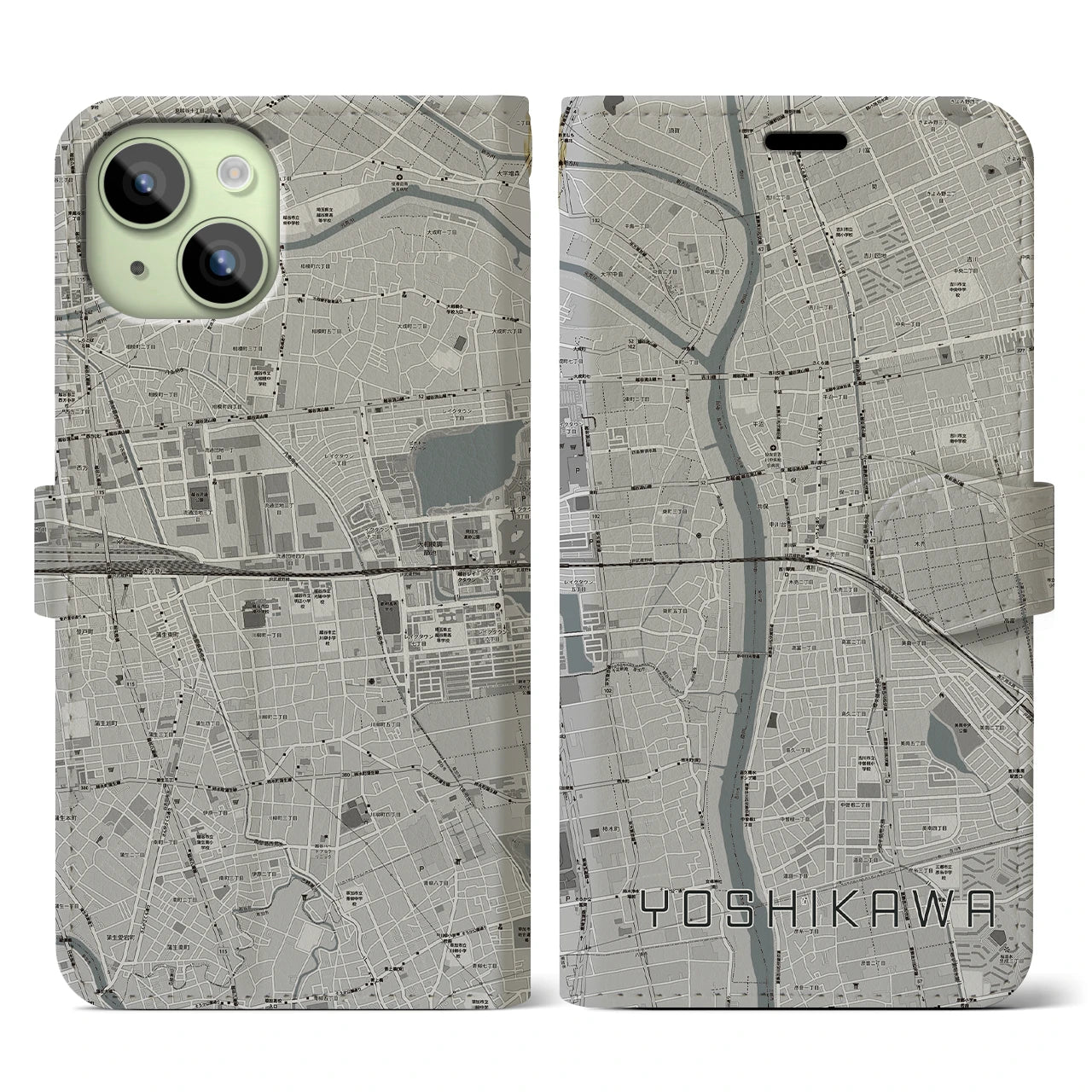 【吉川(埼玉県)】地図柄iPhoneケース(手帳タイプ)モノトーン・iPhone 15 用