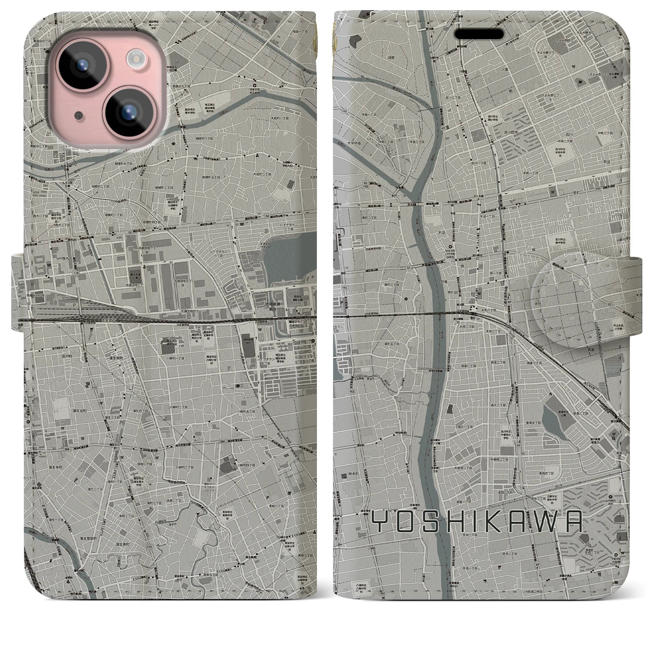 【吉川(埼玉県)】地図柄iPhoneケース(手帳タイプ)モノトーン・iPhone 15 Plus 用