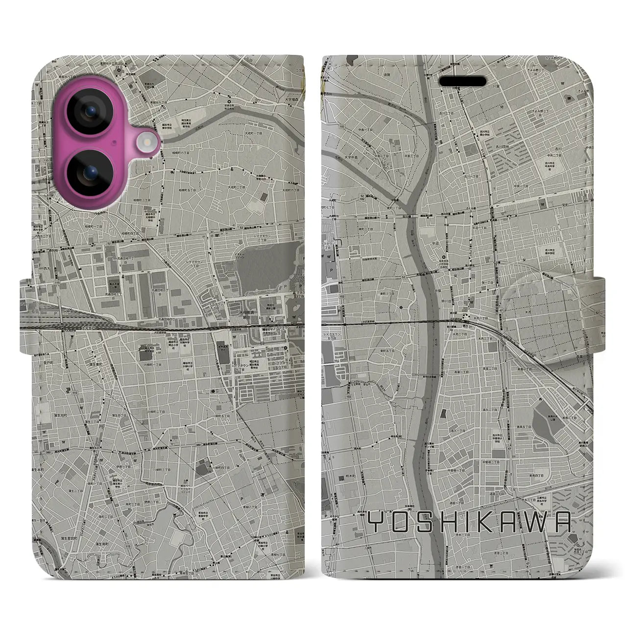【吉川(埼玉県)】地図柄iPhoneケース(手帳タイプ)モノトーン・iPhone 16 Pro 用
