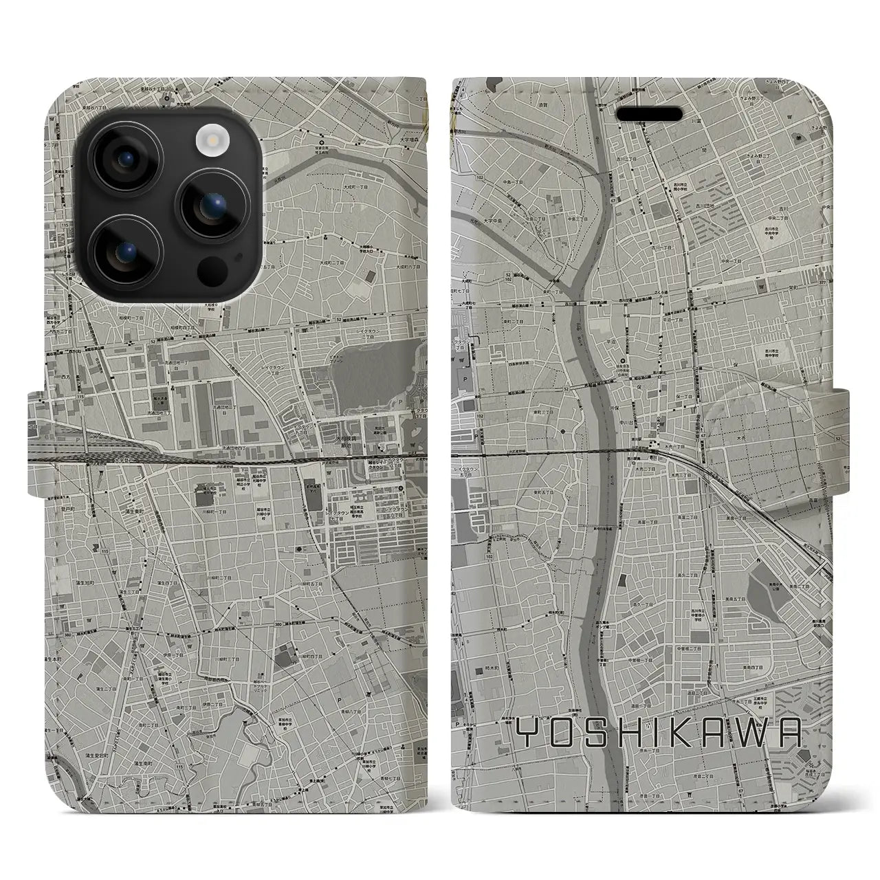 【吉川(埼玉県)】地図柄iPhoneケース(手帳タイプ)モノトーン・iPhone 16 用