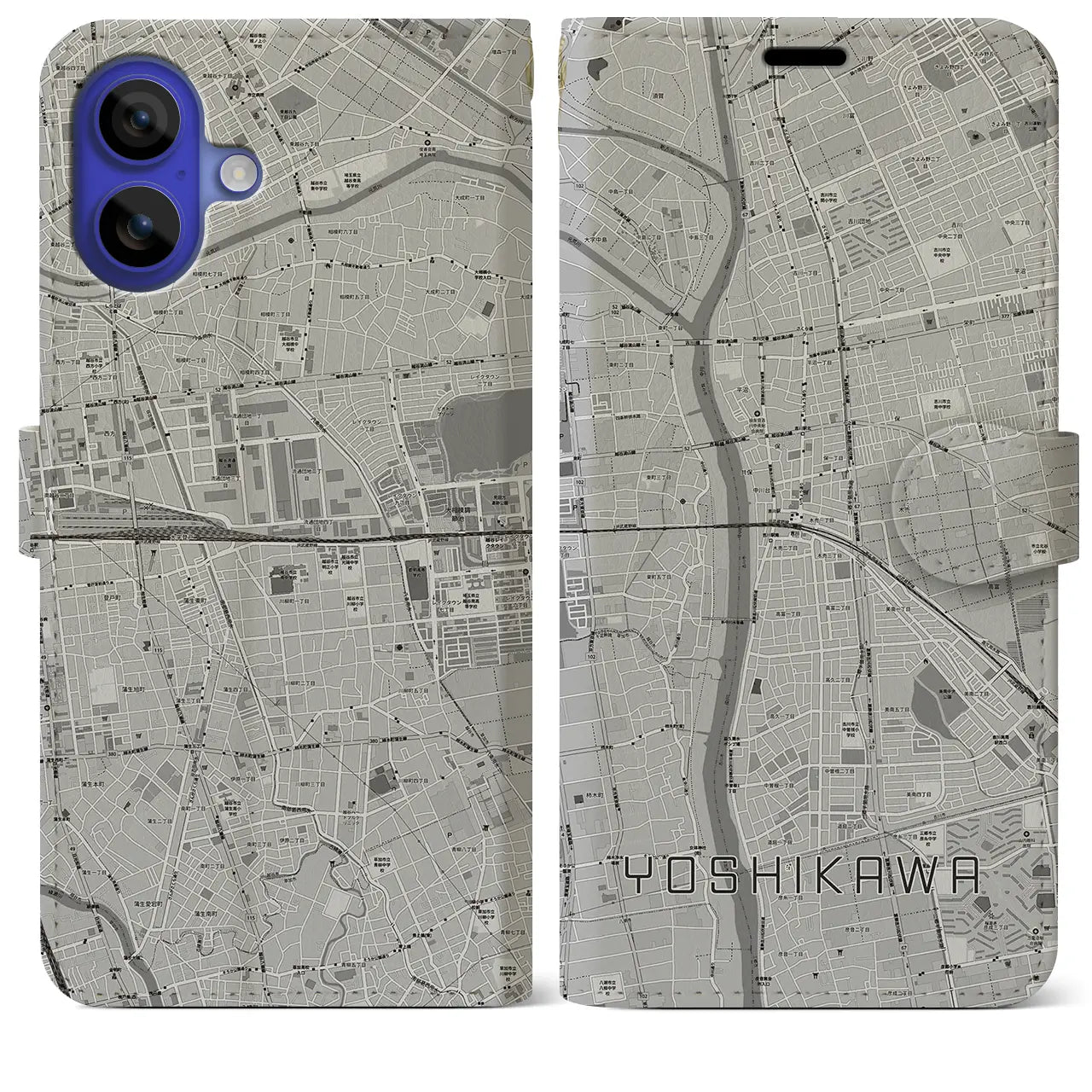 【吉川(埼玉県)】地図柄iPhoneケース(手帳タイプ)モノトーン・iPhone 16 Pro Max 用