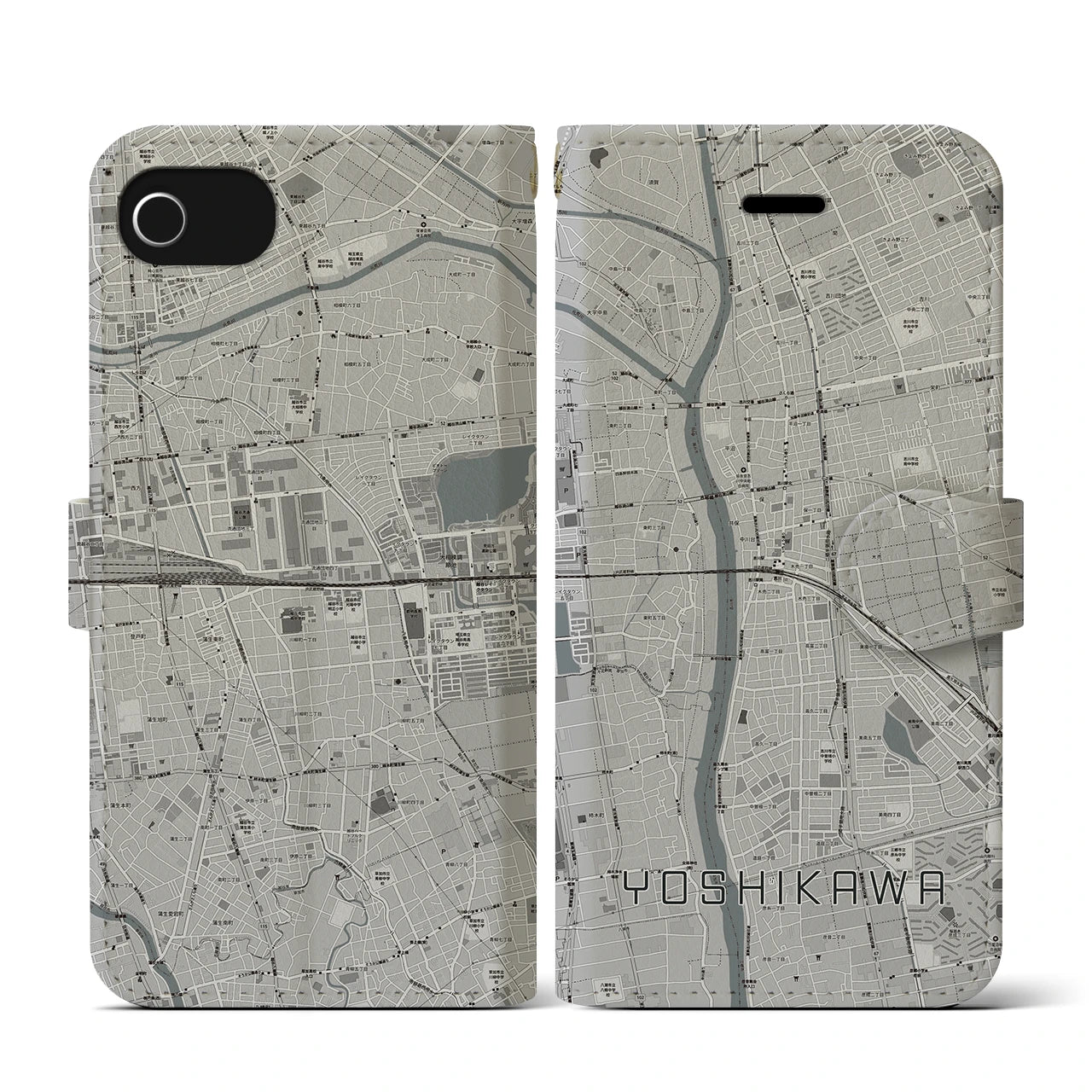 【吉川(埼玉県)】地図柄iPhoneケース(手帳タイプ)モノトーン・iPhone SE(第3 / 第2世代) / 8 / 7 / 6s / 6 用