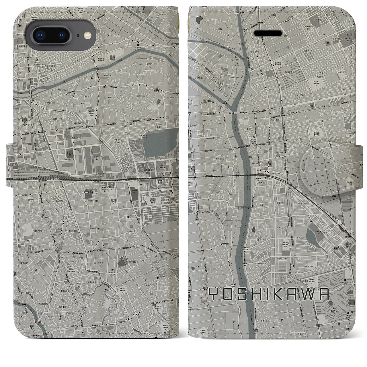 【吉川(埼玉県)】地図柄iPhoneケース(手帳タイプ)モノトーン・iPhone 8Plus /7Plus / 6sPlus / 6Plus 用