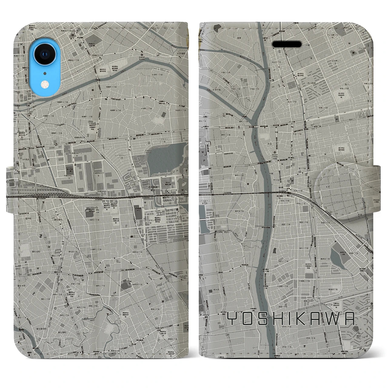 【吉川(埼玉県)】地図柄iPhoneケース(手帳タイプ)モノトーン・iPhone XR 用