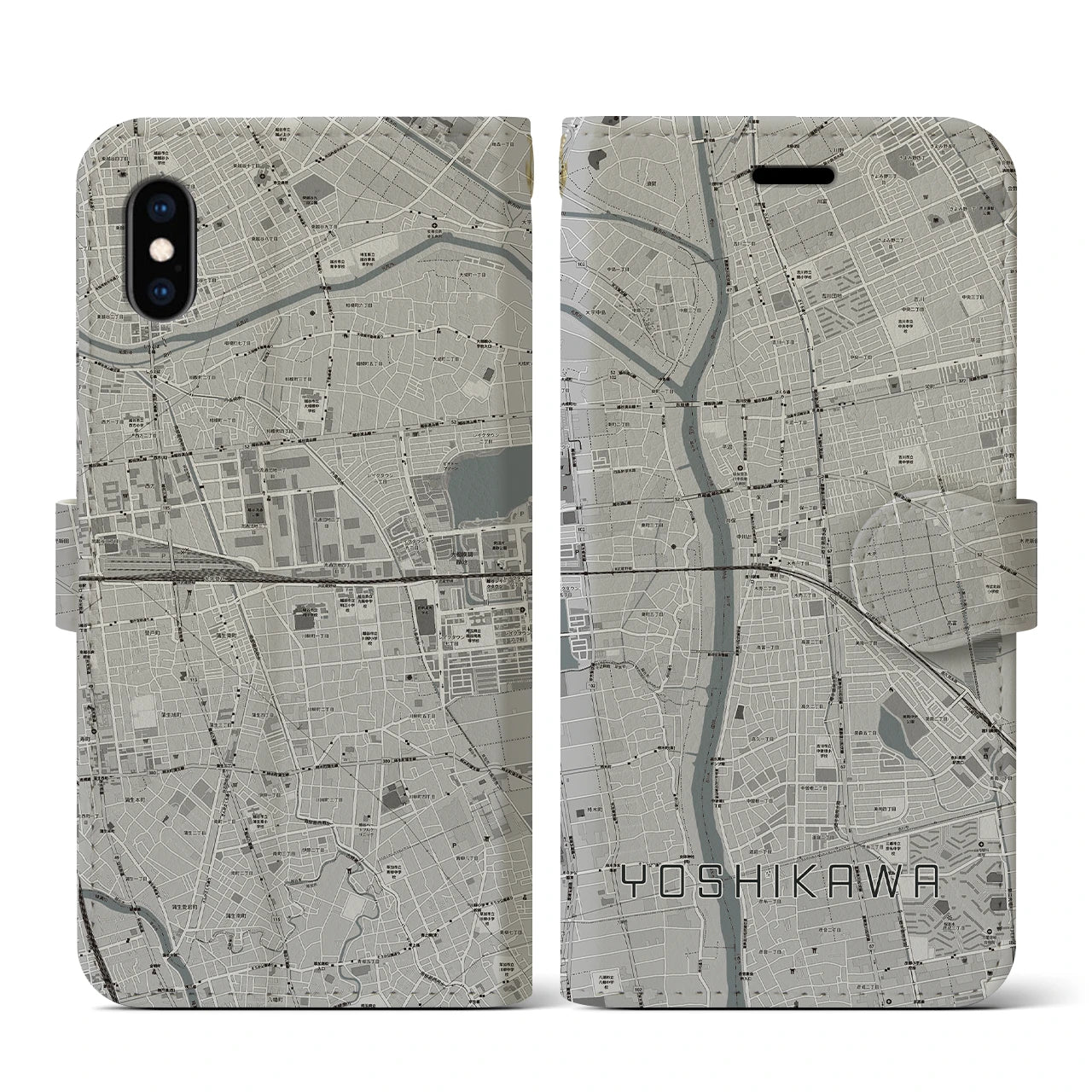 【吉川(埼玉県)】地図柄iPhoneケース(手帳タイプ)モノトーン・iPhone XS / X 用