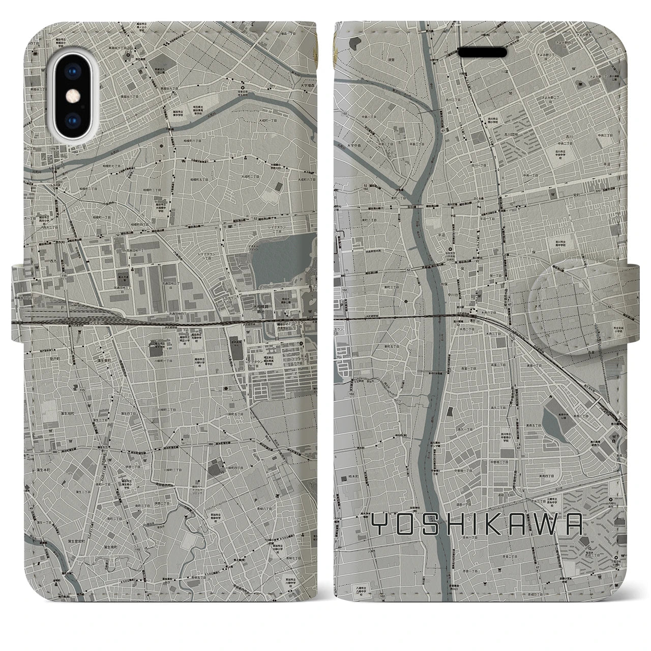【吉川(埼玉県)】地図柄iPhoneケース(手帳タイプ)モノトーン・iPhone XS Max 用