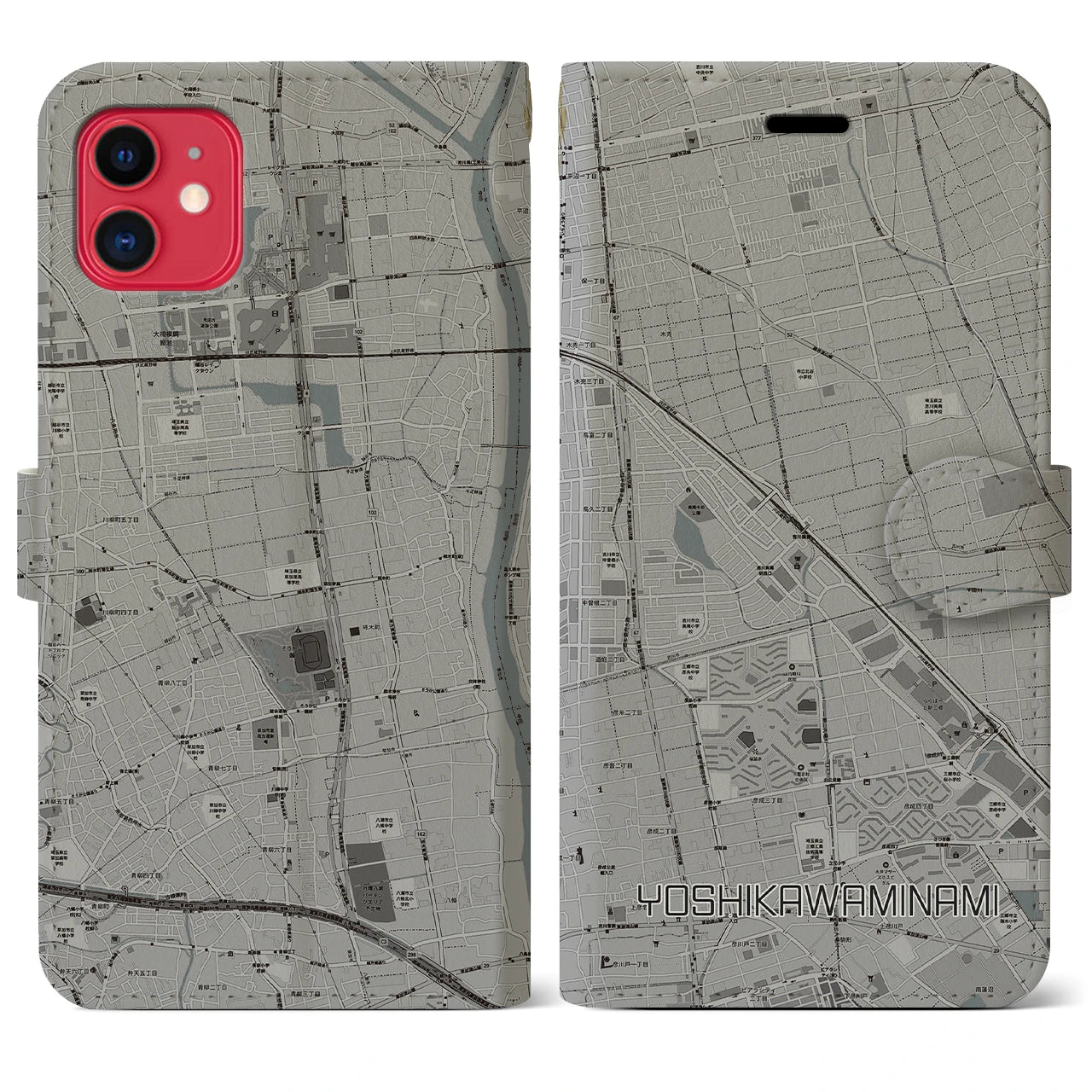 【吉川美南(埼玉県)】地図柄iPhoneケース(手帳タイプ)モノトーン・iPhone 11 用