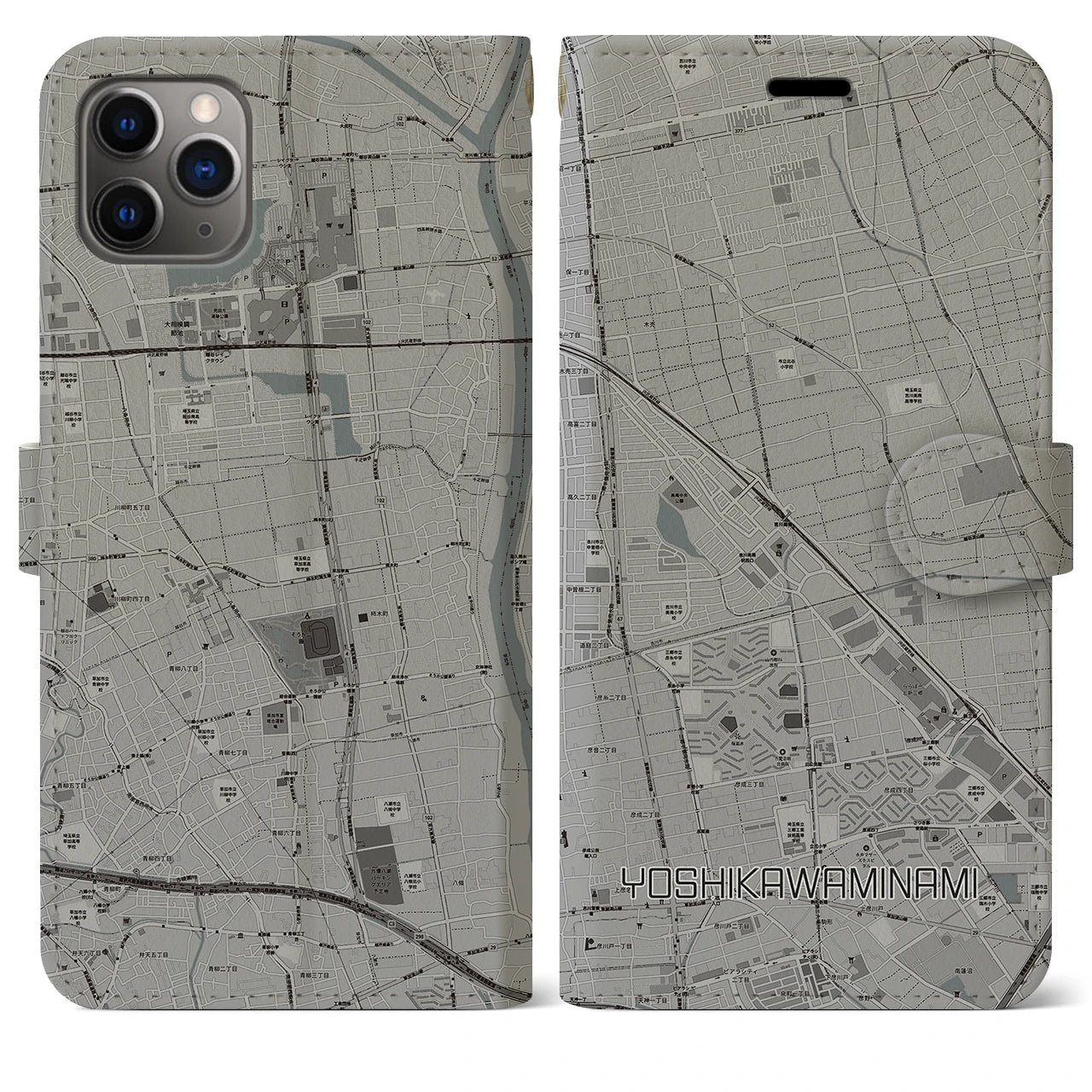 【吉川美南(埼玉県)】地図柄iPhoneケース(手帳タイプ)モノトーン・iPhone 11 Pro Max 用