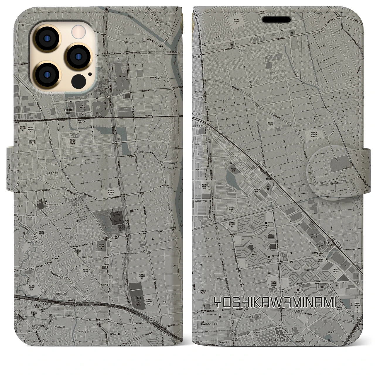【吉川美南(埼玉県)】地図柄iPhoneケース(手帳タイプ)モノトーン・iPhone 12 Pro Max 用