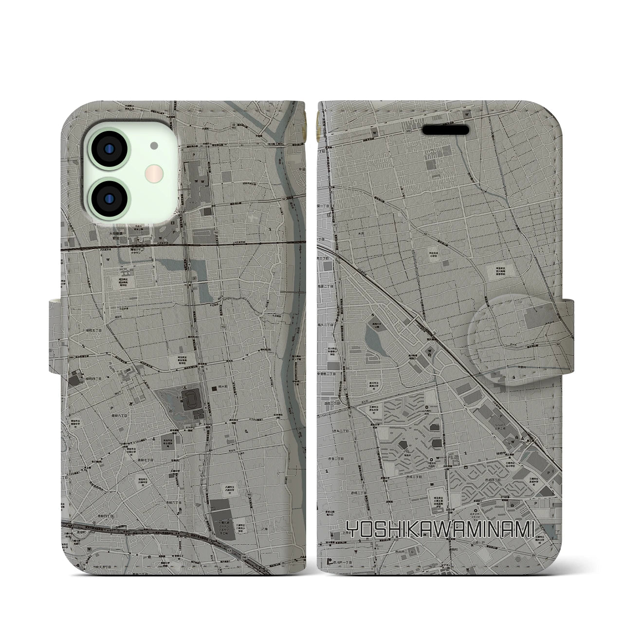 【吉川美南(埼玉県)】地図柄iPhoneケース(手帳タイプ)モノトーン・iPhone 12 mini 用