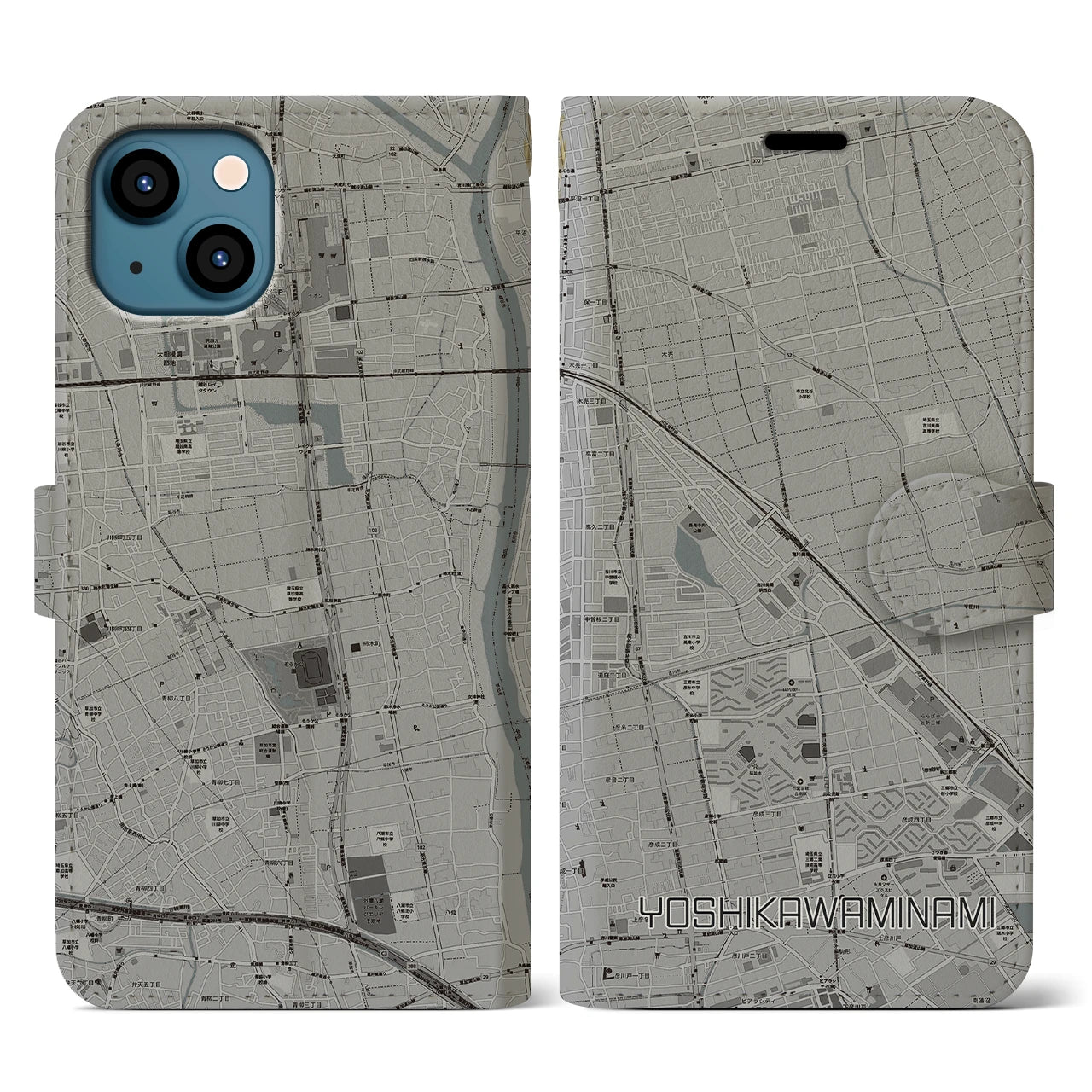 【吉川美南(埼玉県)】地図柄iPhoneケース(手帳タイプ)モノトーン・iPhone 13 用