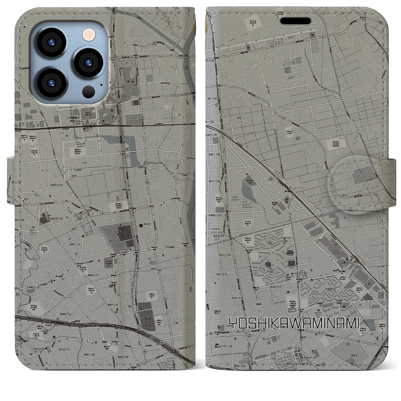 【吉川美南(埼玉県)】地図柄iPhoneケース(手帳タイプ)モノトーン・iPhone 13 Pro Max 用