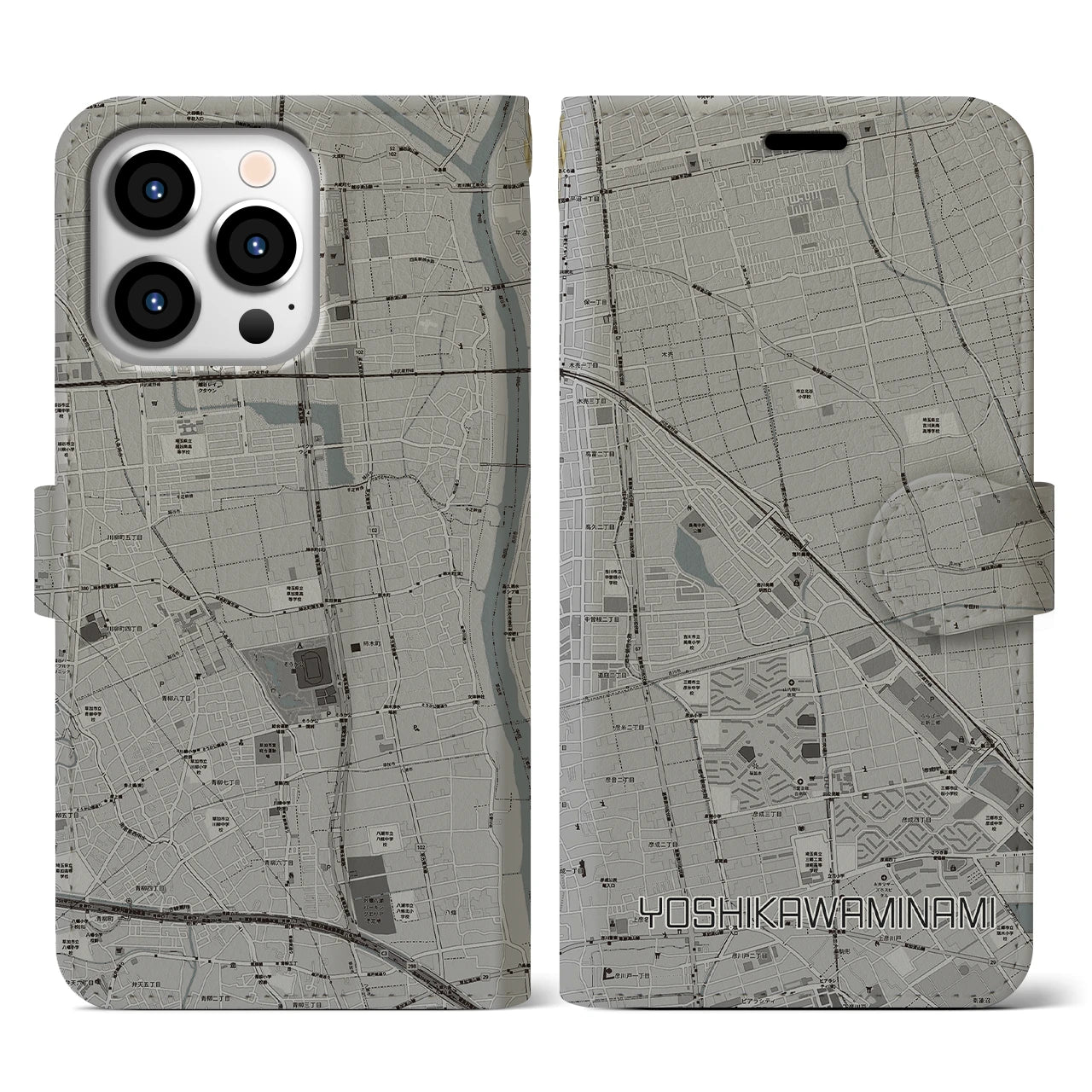 【吉川美南(埼玉県)】地図柄iPhoneケース(手帳タイプ)モノトーン・iPhone 13 Pro 用