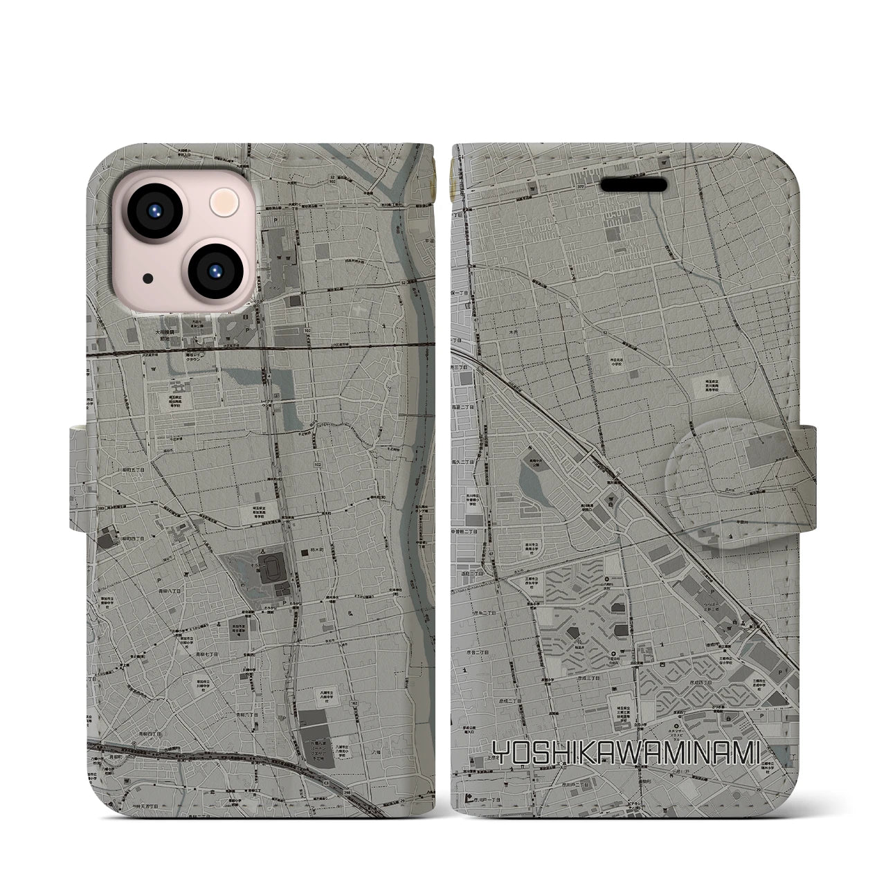 【吉川美南(埼玉県)】地図柄iPhoneケース(手帳タイプ)モノトーン・iPhone 13 mini 用