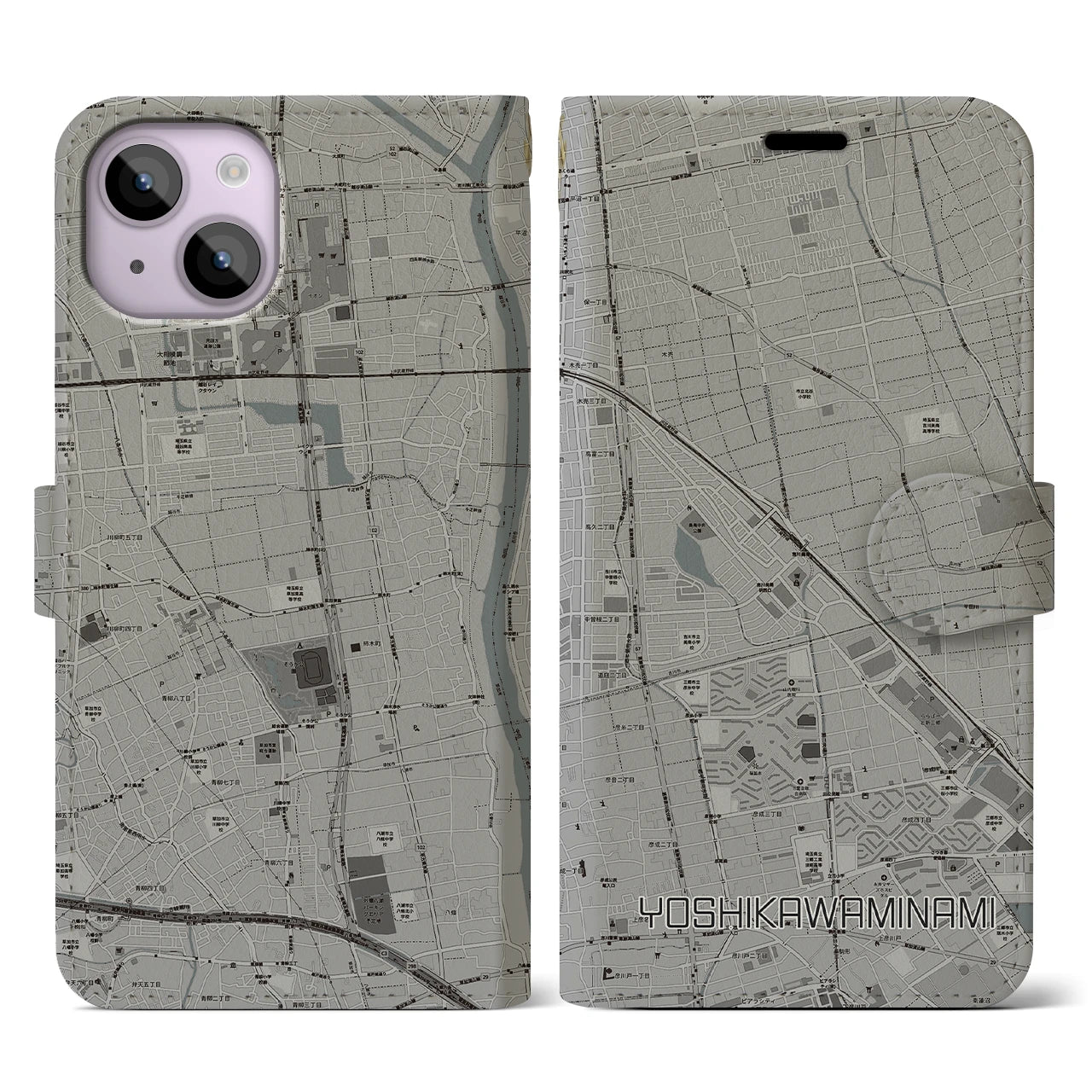 【吉川美南(埼玉県)】地図柄iPhoneケース(手帳タイプ)モノトーン・iPhone 14 用