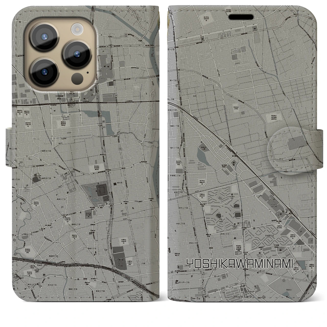 【吉川美南(埼玉県)】地図柄iPhoneケース(手帳タイプ)モノトーン・iPhone 14 Pro Max 用