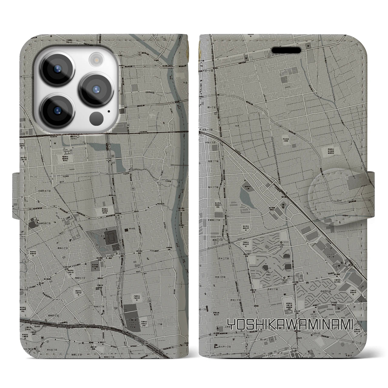 【吉川美南(埼玉県)】地図柄iPhoneケース(手帳タイプ)モノトーン・iPhone 14 Pro 用