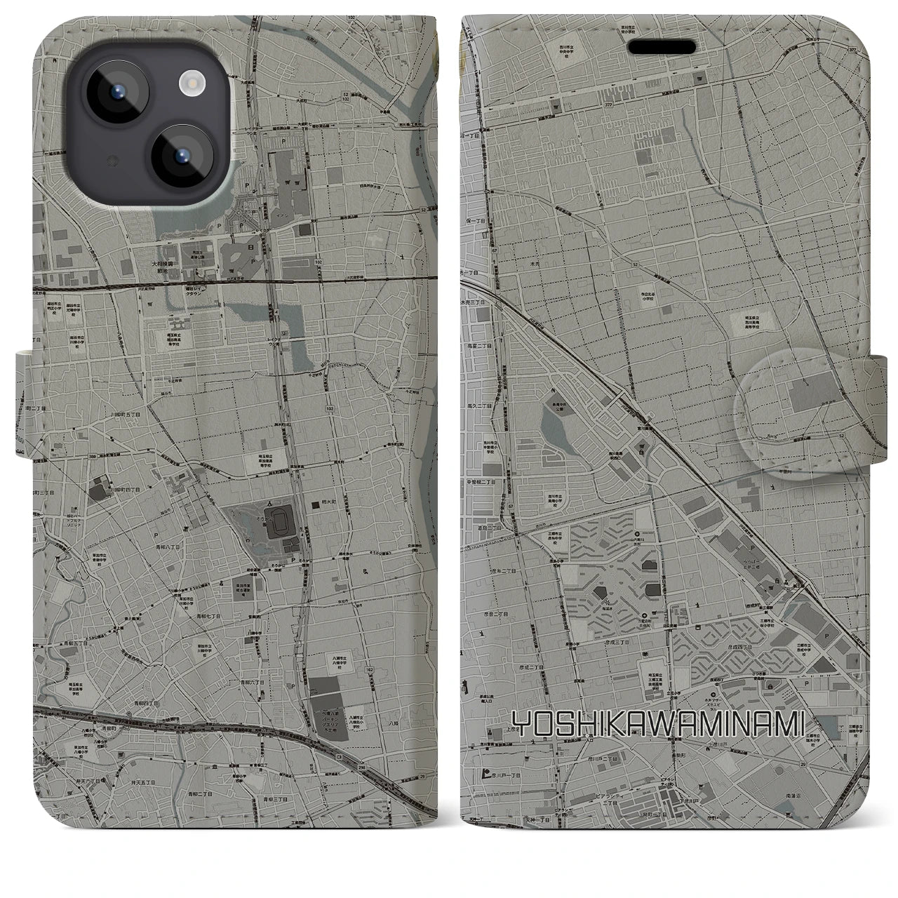 【吉川美南(埼玉県)】地図柄iPhoneケース(手帳タイプ)モノトーン・iPhone 14 Plus 用