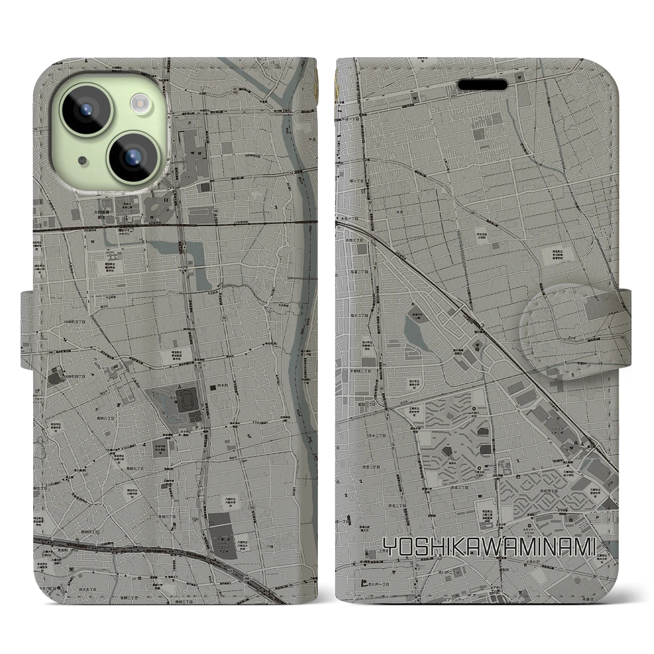 【吉川美南(埼玉県)】地図柄iPhoneケース(手帳タイプ)モノトーン・iPhone 15 用