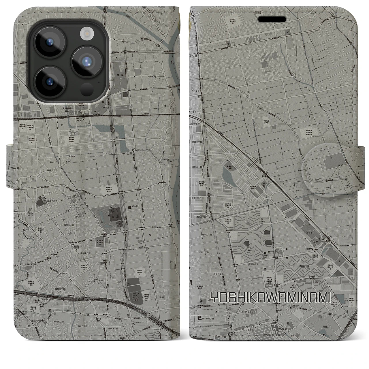 【吉川美南(埼玉県)】地図柄iPhoneケース(手帳タイプ)モノトーン・iPhone 15 Pro Max 用