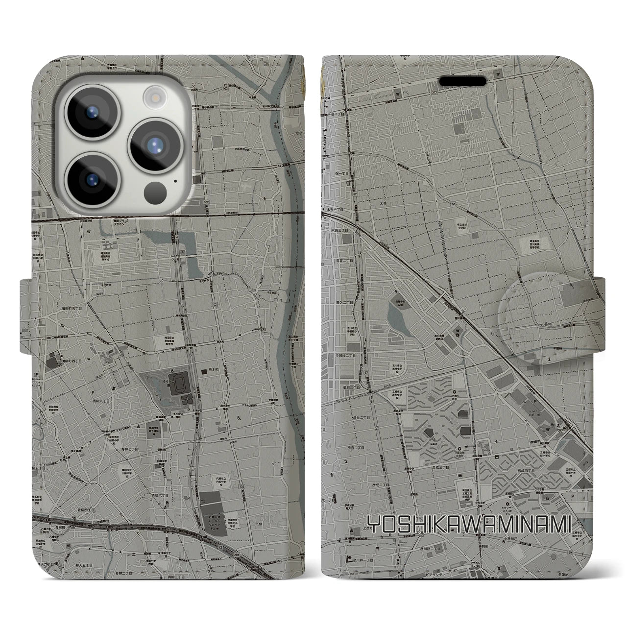 【吉川美南(埼玉県)】地図柄iPhoneケース(手帳タイプ)モノトーン・iPhone 15 Pro 用