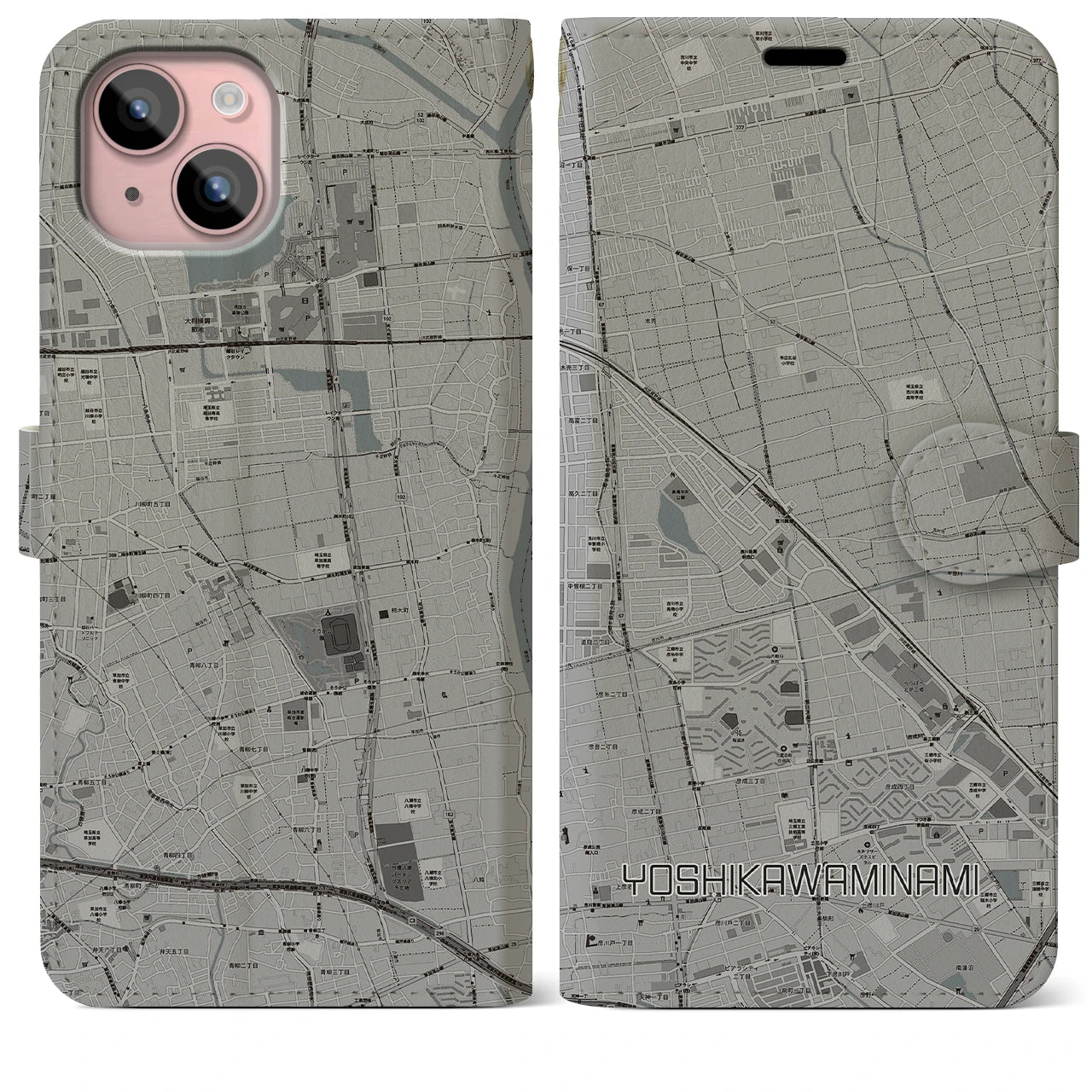 【吉川美南(埼玉県)】地図柄iPhoneケース(手帳タイプ)モノトーン・iPhone 15 Plus 用