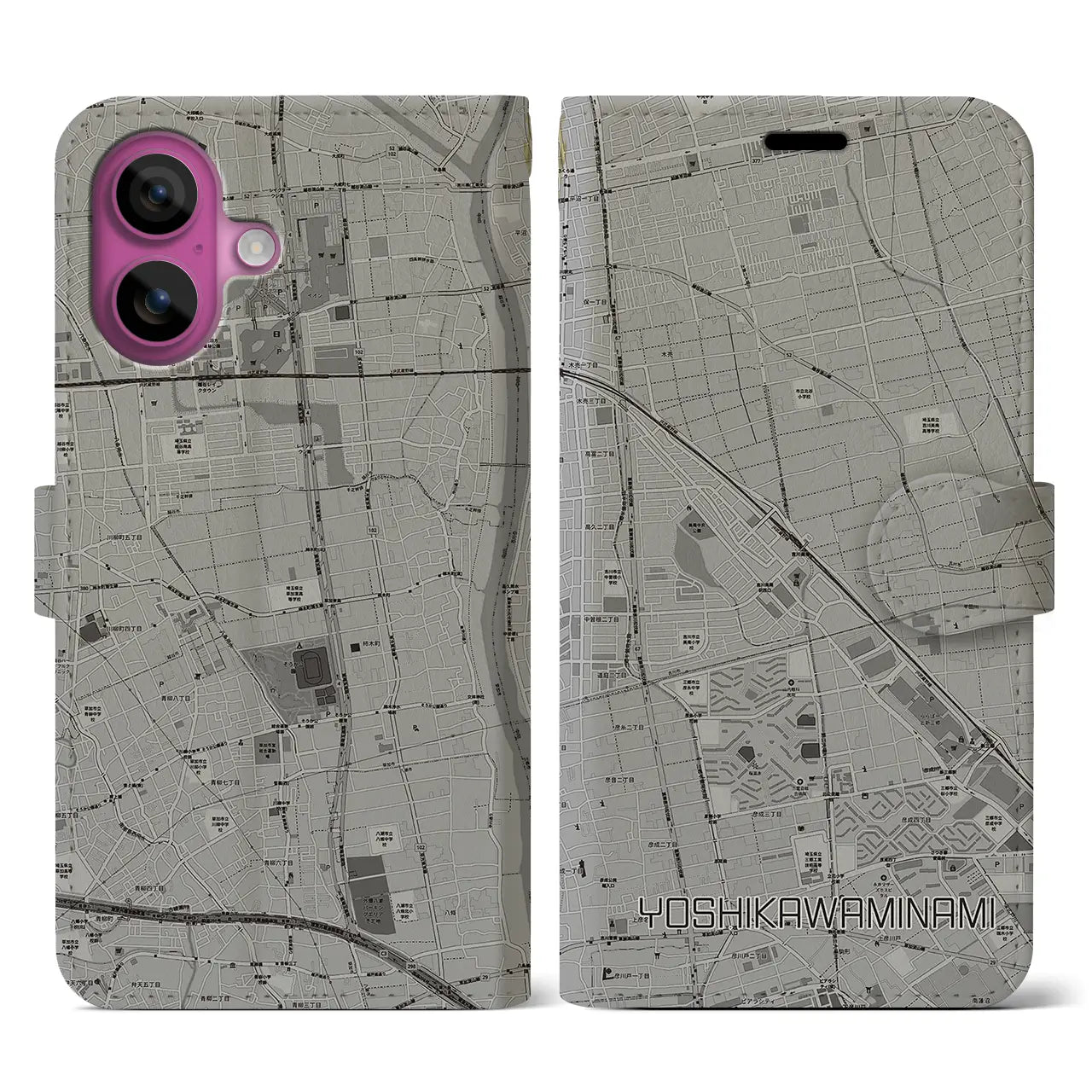 【吉川美南(埼玉県)】地図柄iPhoneケース(手帳タイプ)モノトーン・iPhone 16 Pro 用