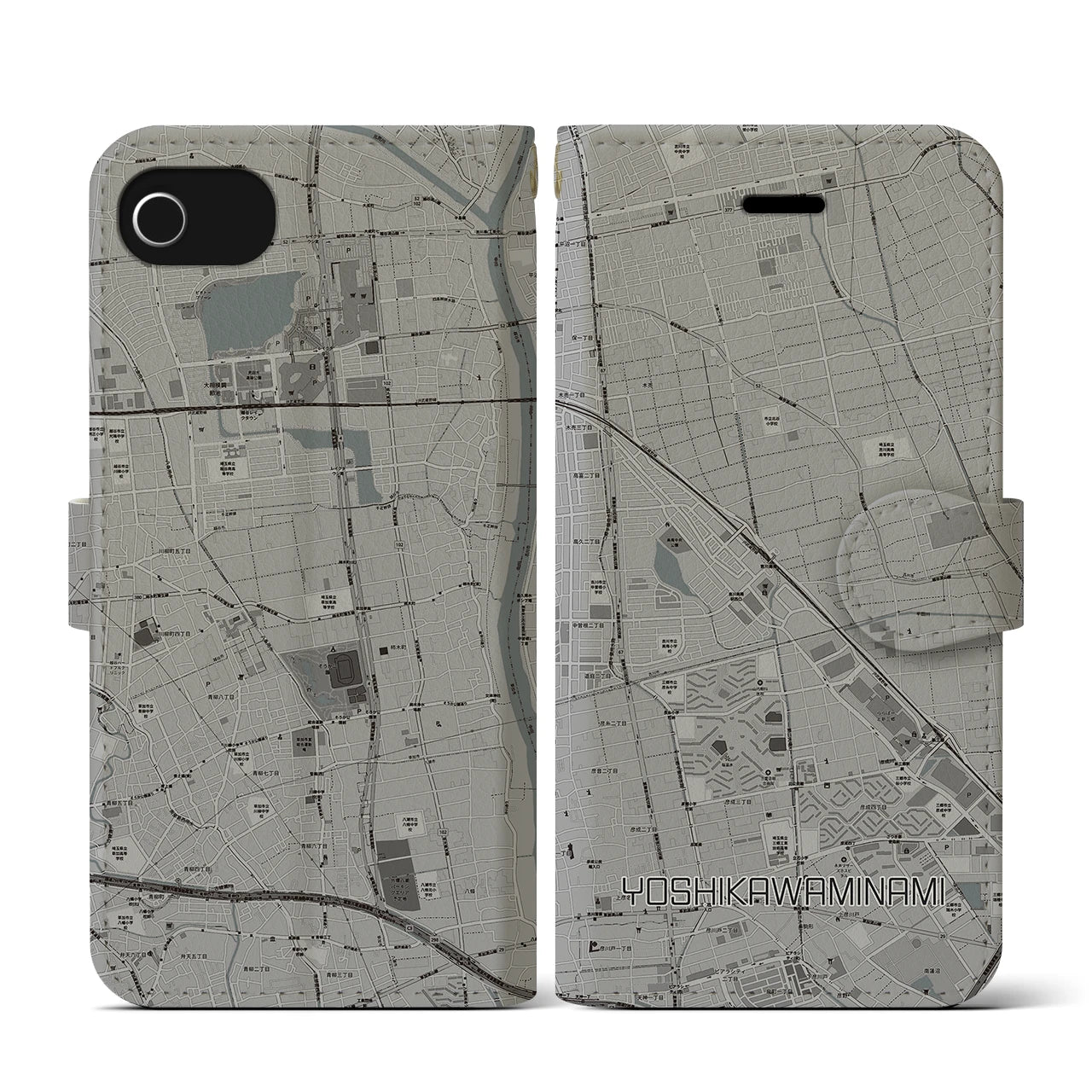 【吉川美南(埼玉県)】地図柄iPhoneケース(手帳タイプ)モノトーン・iPhone SE(第3 / 第2世代) / 8 / 7 / 6s / 6 用