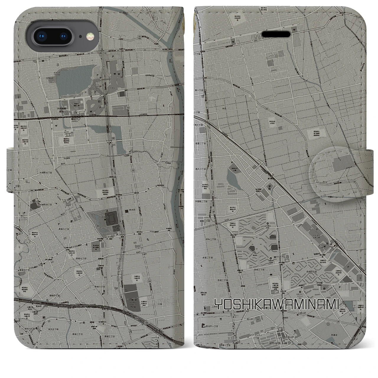 【吉川美南(埼玉県)】地図柄iPhoneケース(手帳タイプ)モノトーン・iPhone 8Plus /7Plus / 6sPlus / 6Plus 用